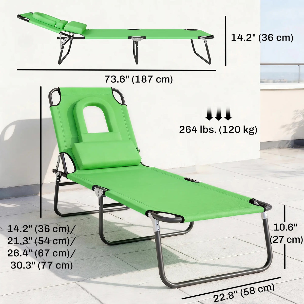 Adjustable Outdoor Lounge Chair, Folding Chaise with Face Hole, Green Lounger Chairs at Gallery Canada