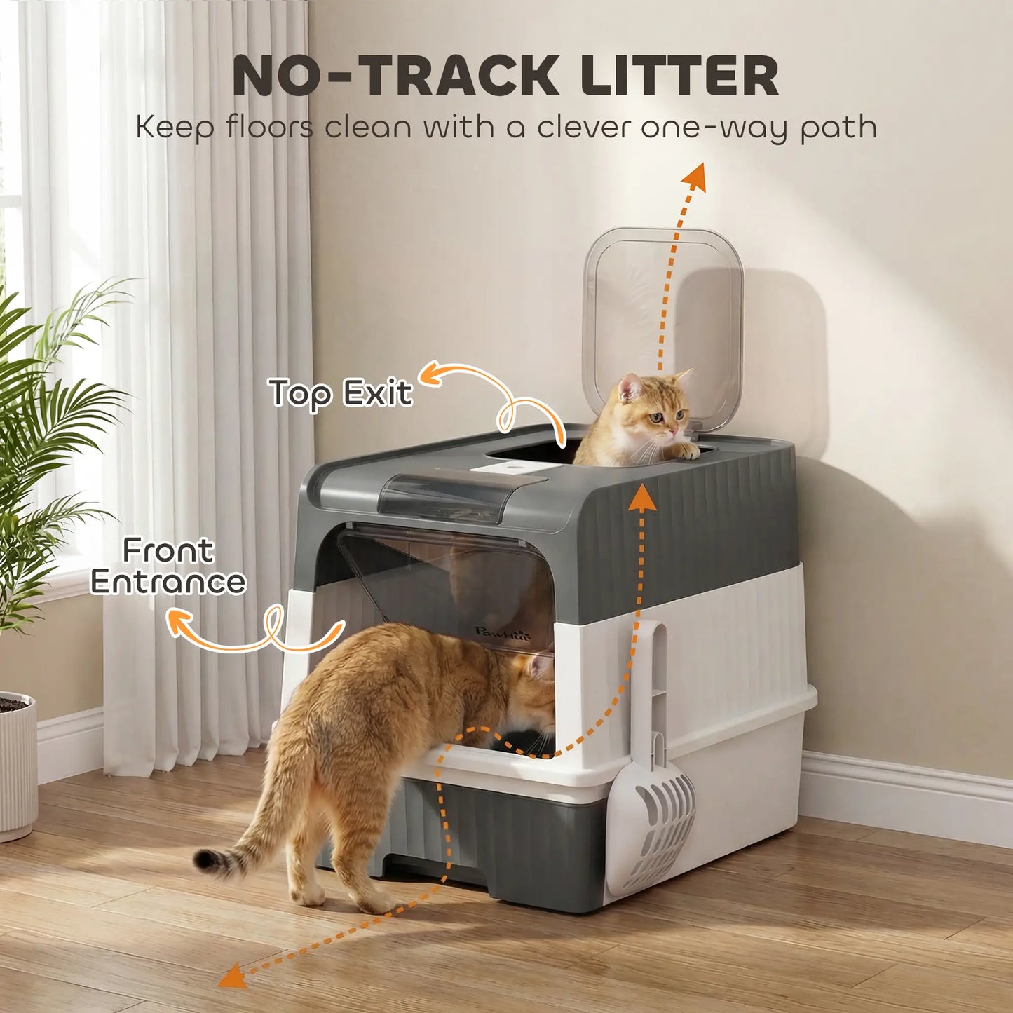 Enclosed Cat Litter Box with Drawer, Scoop, Grey