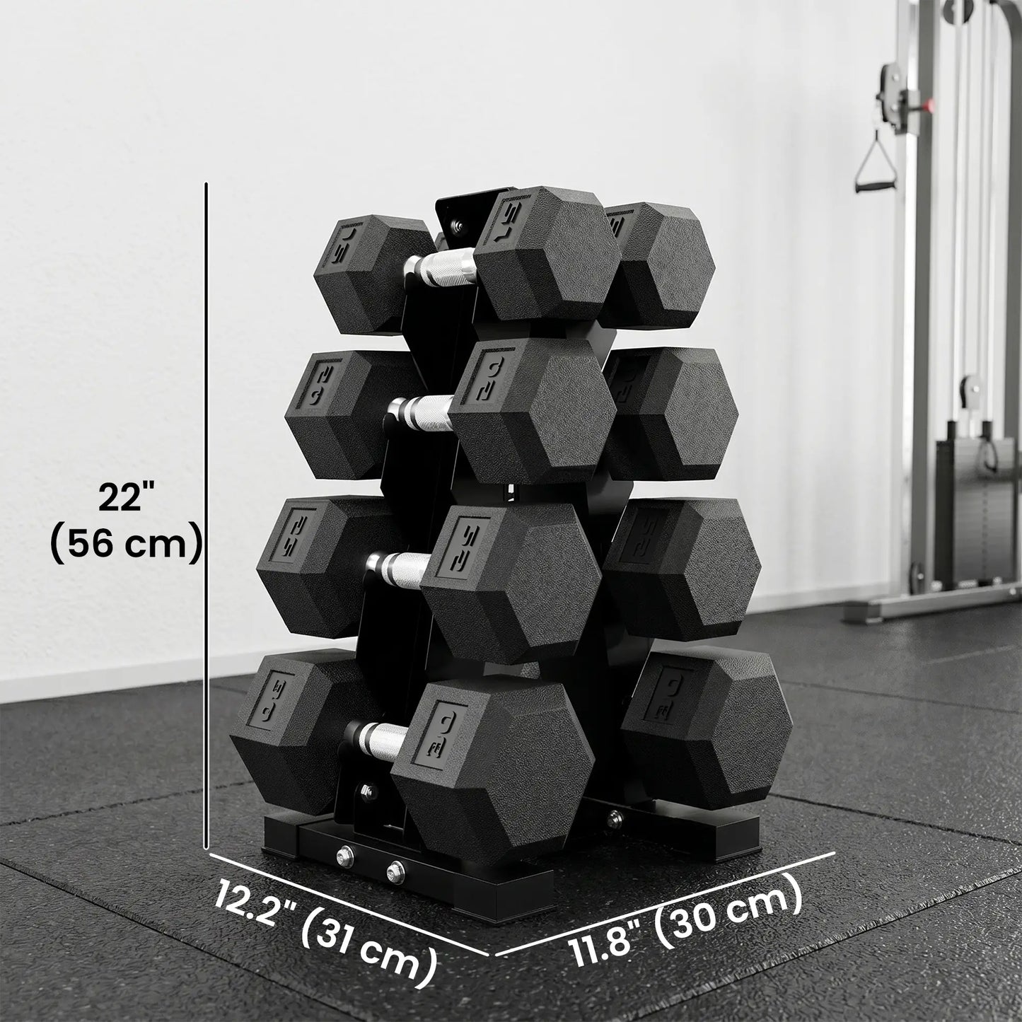 Hex Dumbbell Set With Rack, 180lbs Rubber-Coated, black