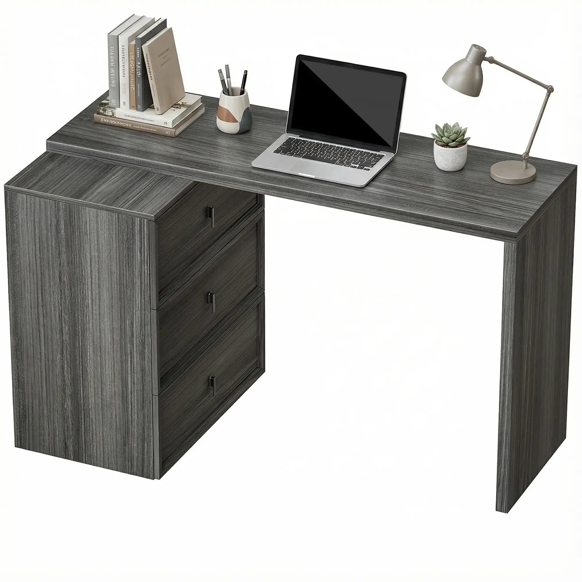 L-Shaped Computer Desk, 3 Drawers, Black Wood Grain, Black Computer Desks at Gallery Canada