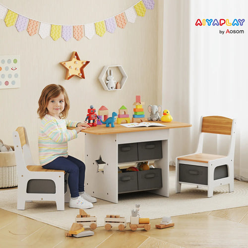 3 Piece Kids Table and Chair Set, 6 Removable Drawers, Natural