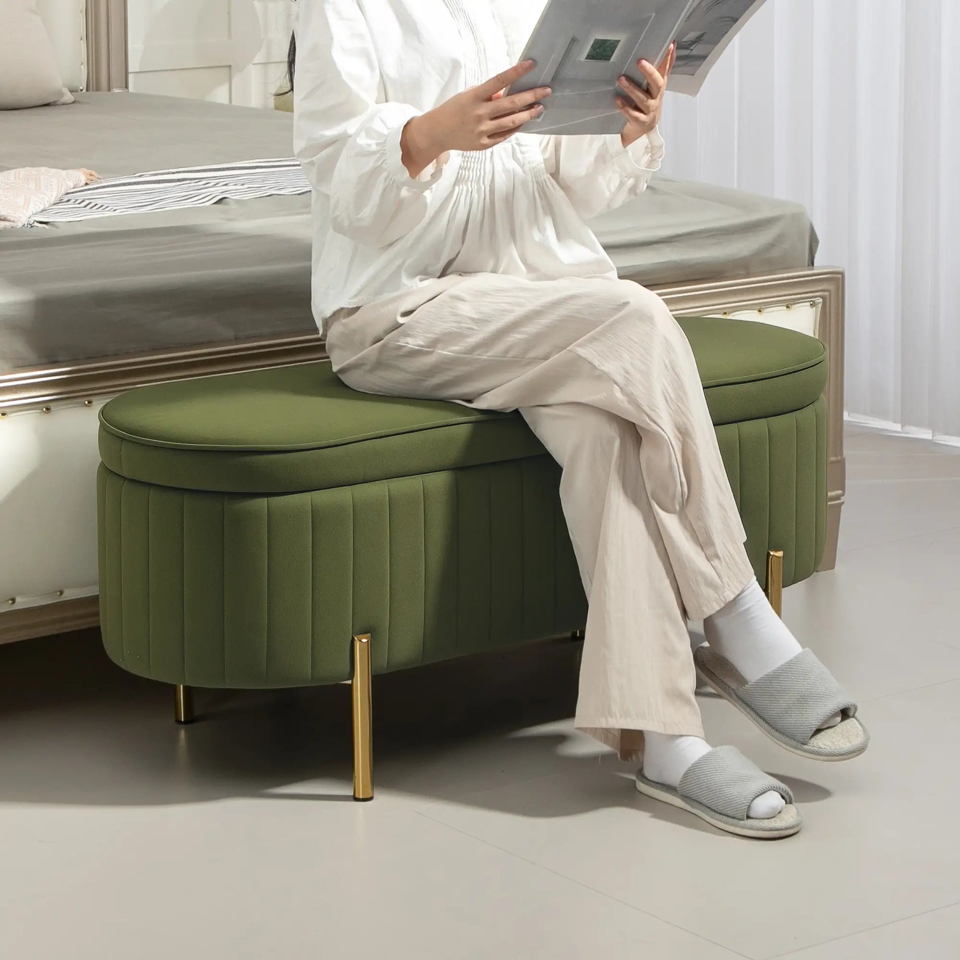 Upholstered Channel Tufted Ottoman Bench, Dark Green Storage Ottomans & Benches at Gallery Canada