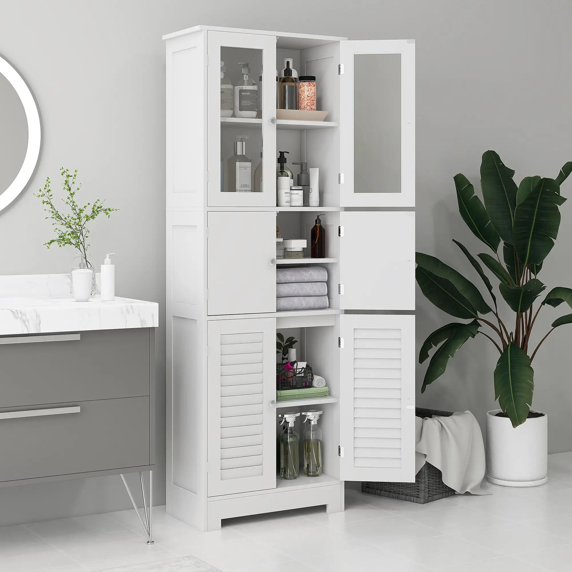 Freestanding Bathroom Cabinet, Glass Louvred Doors, Tall for Kitchen, Study Bathroom Cabinets at Gallery Canada