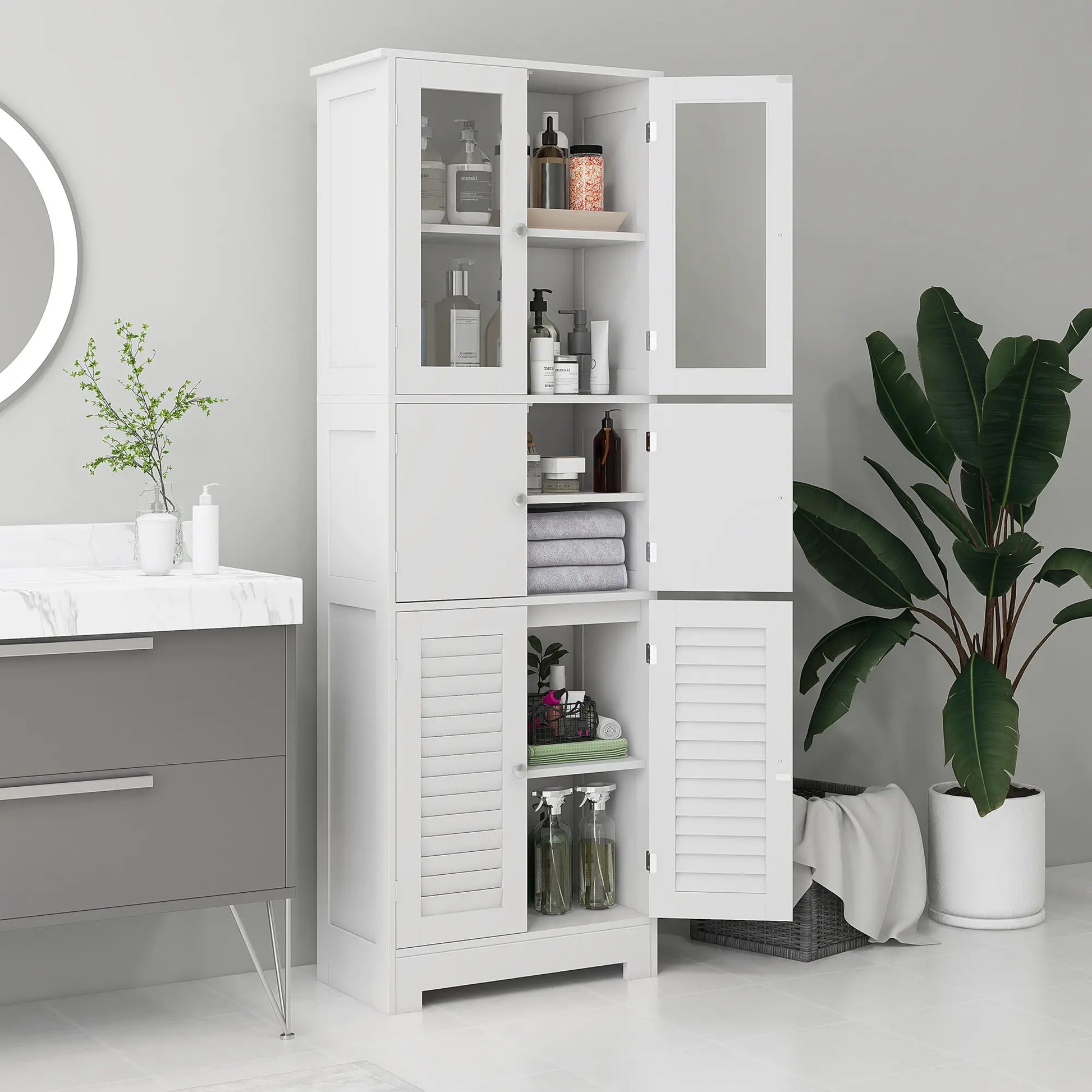 Freestanding Bathroom Cabinet, Glass Louvred Doors, Tall for Kitchen, Study Bathroom Cabinets at Gallery Canada