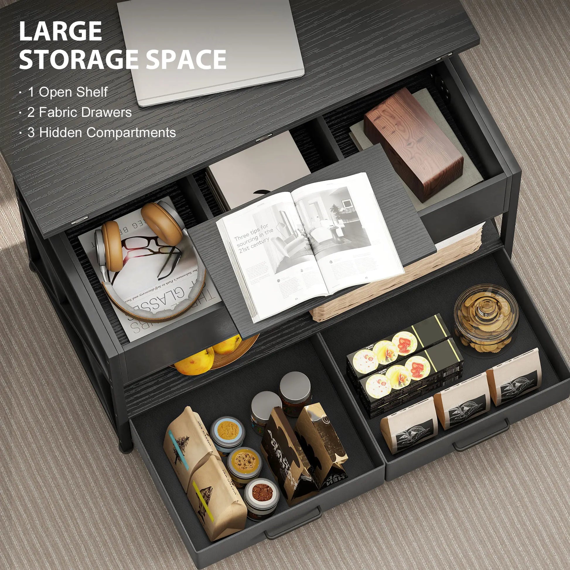 Modern Lift Top Coffee Table, Fabric Drawers, Hidden Storage, Distressed Black Coffee Tables at Gallery Canada