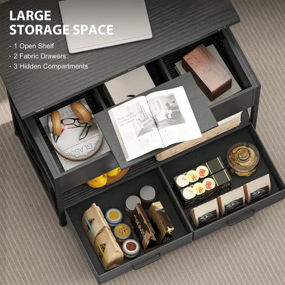 Modern Lift Top Coffee Table, Fabric Drawers, Hidden Storage, Distressed Black Coffee Tables at Gallery Canada