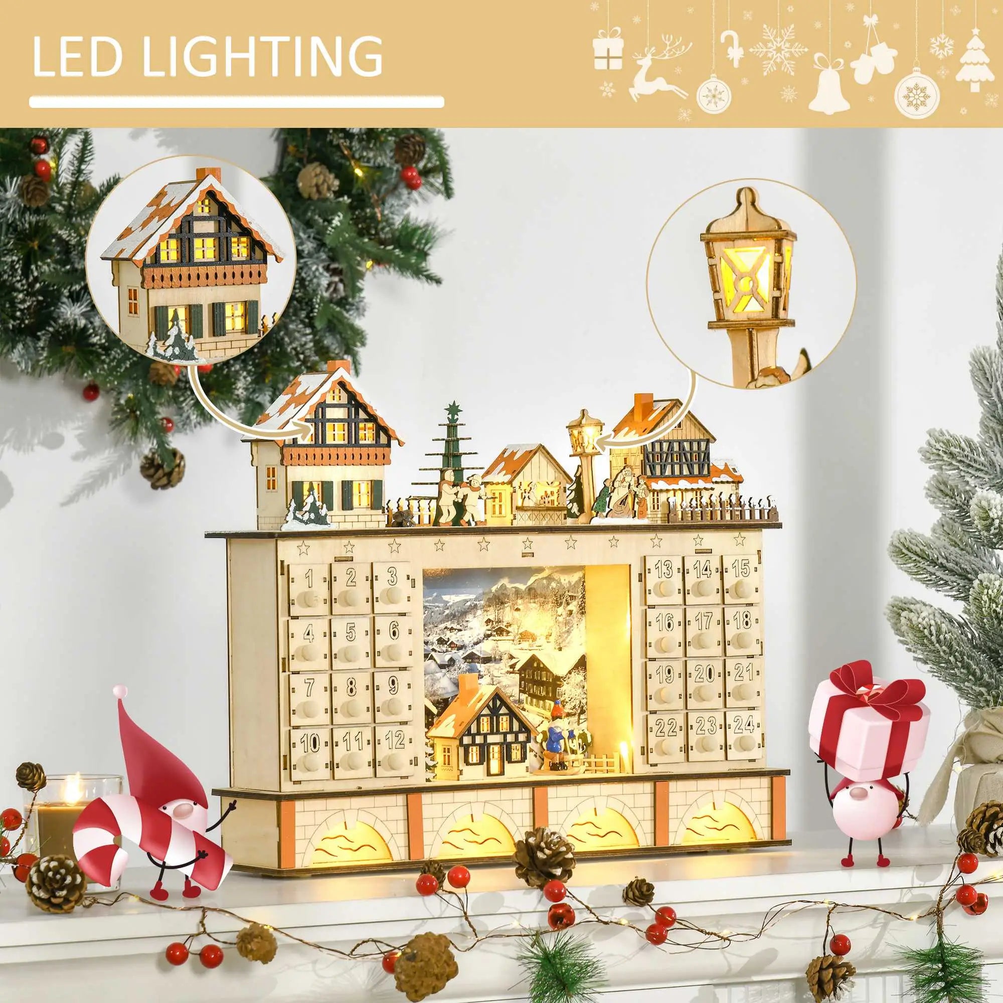 Christmas Advent Calendar, Light Up Wooden Countdown Drawer, Village, Natural Wood Christmas Advent Calendars at Gallery Canada