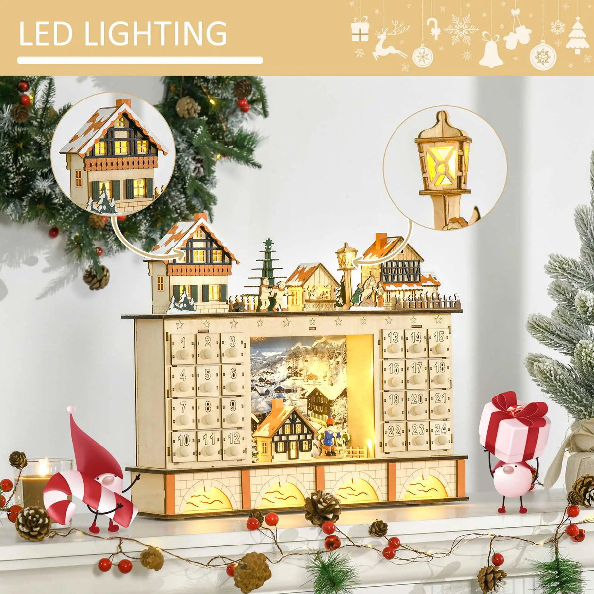 Christmas Advent Calendar, Light Up Wooden Countdown Drawer, Village, Natural Wood Christmas Advent Calendars at Gallery Canada