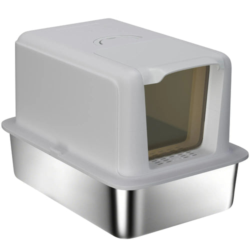 Stainless Steel Cat Litter Box, Removable Lid & Scoop, Grey