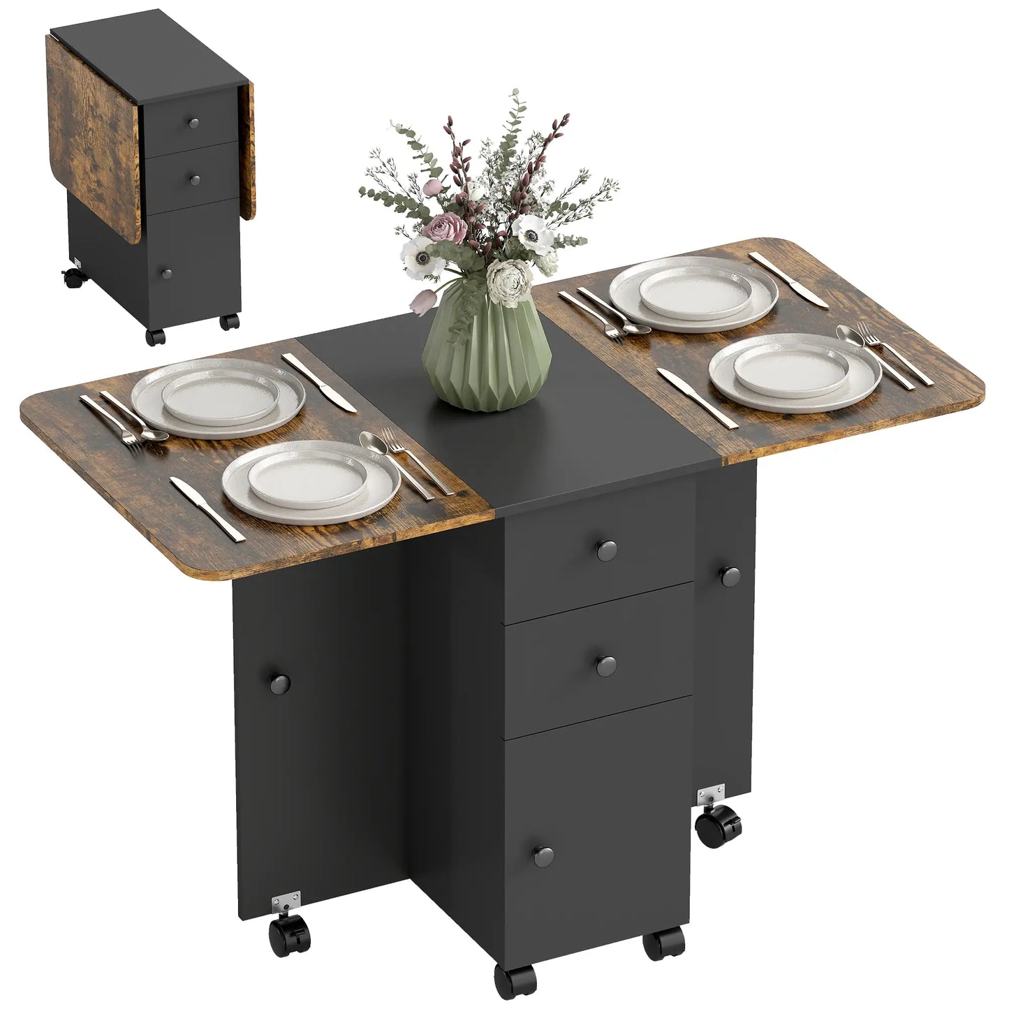 Drop Leaf Dining Table On Wheels With Drawers, Rustic Brown And Black, Brown, Black Dining Tables at Gallery Canada