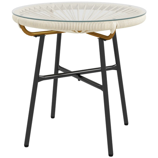 Round Rattan Side Table, With Tempered Glass Top, Cream White Patio Side Tables Black Frame, Cream PE Rattan at Gallery Canada