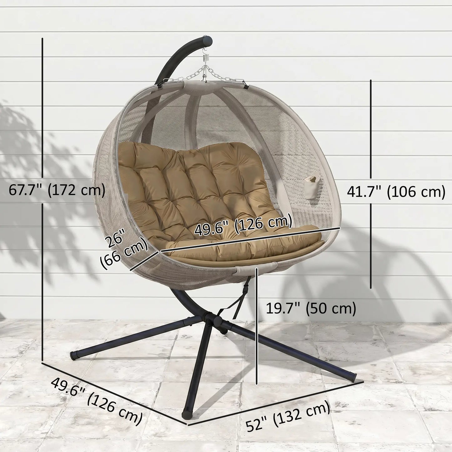 Double Egg Chair with Stand, 2 Person Hanging Swing, Khaki Patio Swings with Stand at Gallery Canada