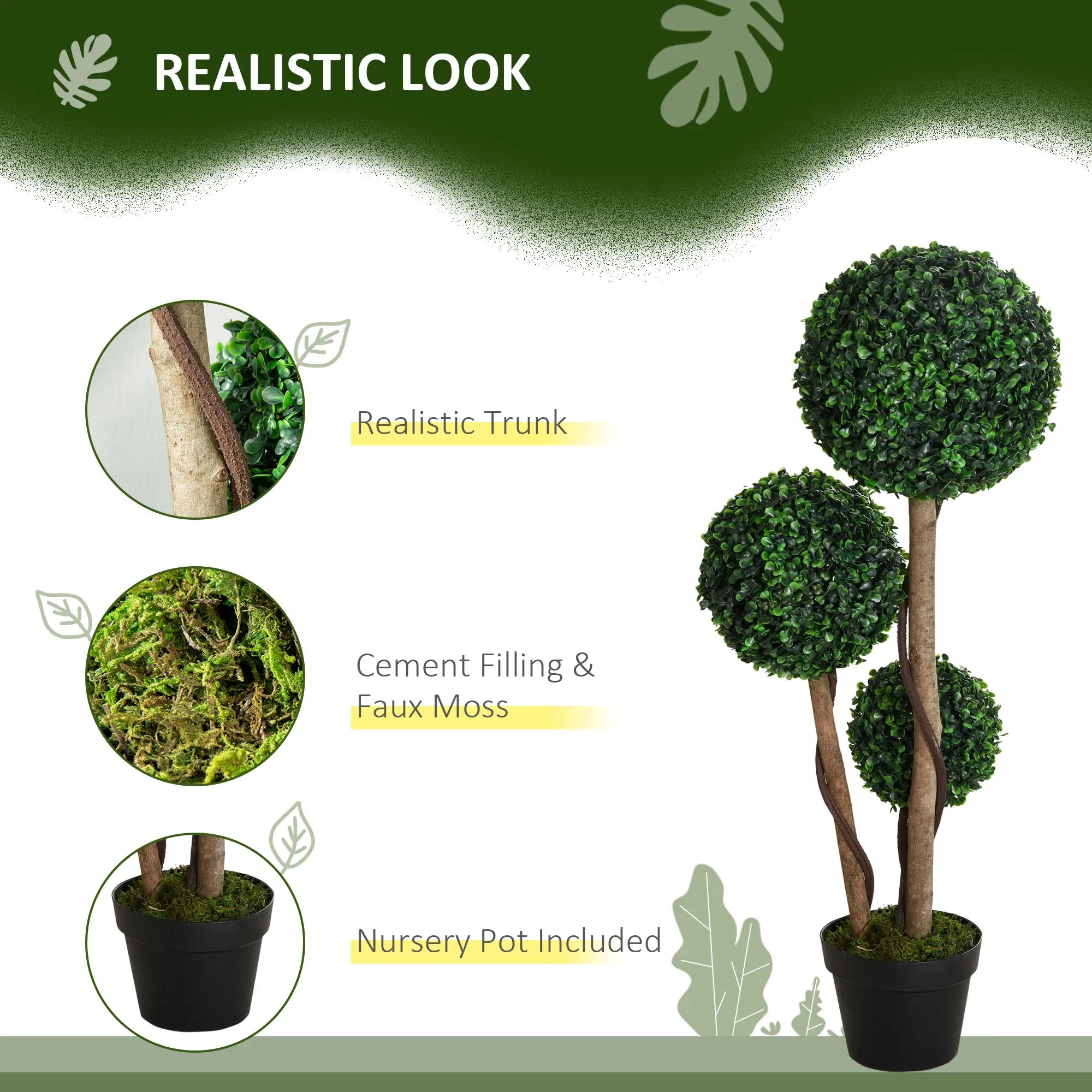 35 Inch Artificial Boxwood Topiary Tree, Triple Ball, Dark Green Artificial Trees at Gallery Canada