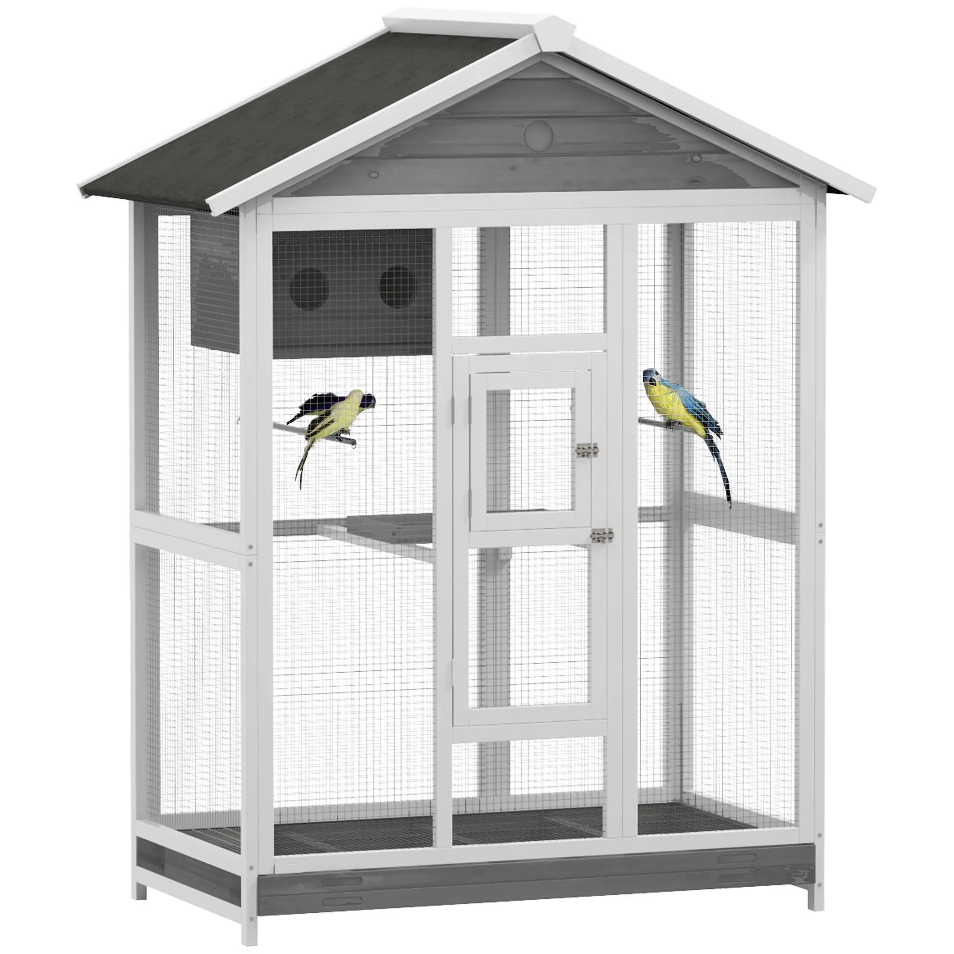 65" Large Bird Cage, Wooden Aviary, 2 Doors, Standing Pole, Grey Bird Cages White, Grey, Black at Gallery Canada