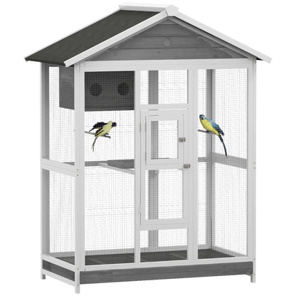 65" Large Bird Cage, Wooden Aviary, 2 Doors, Standing Pole, Grey Bird Cages White, Grey, Black at Gallery Canada