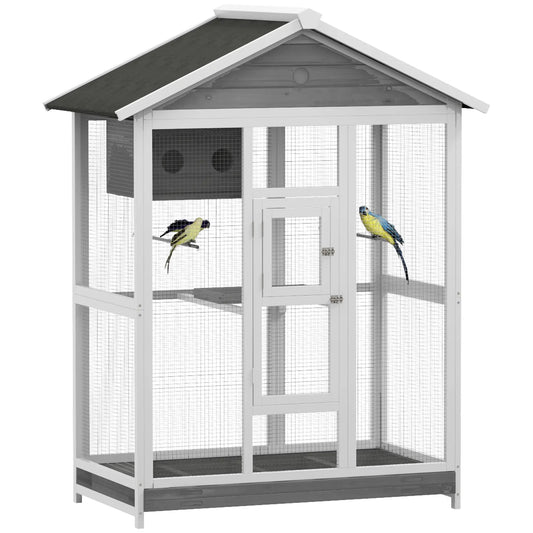 65" Large Bird Cage, Wooden Aviary, 2 Doors, Standing Pole, Grey Bird Cages White, Grey, Black at Gallery Canada