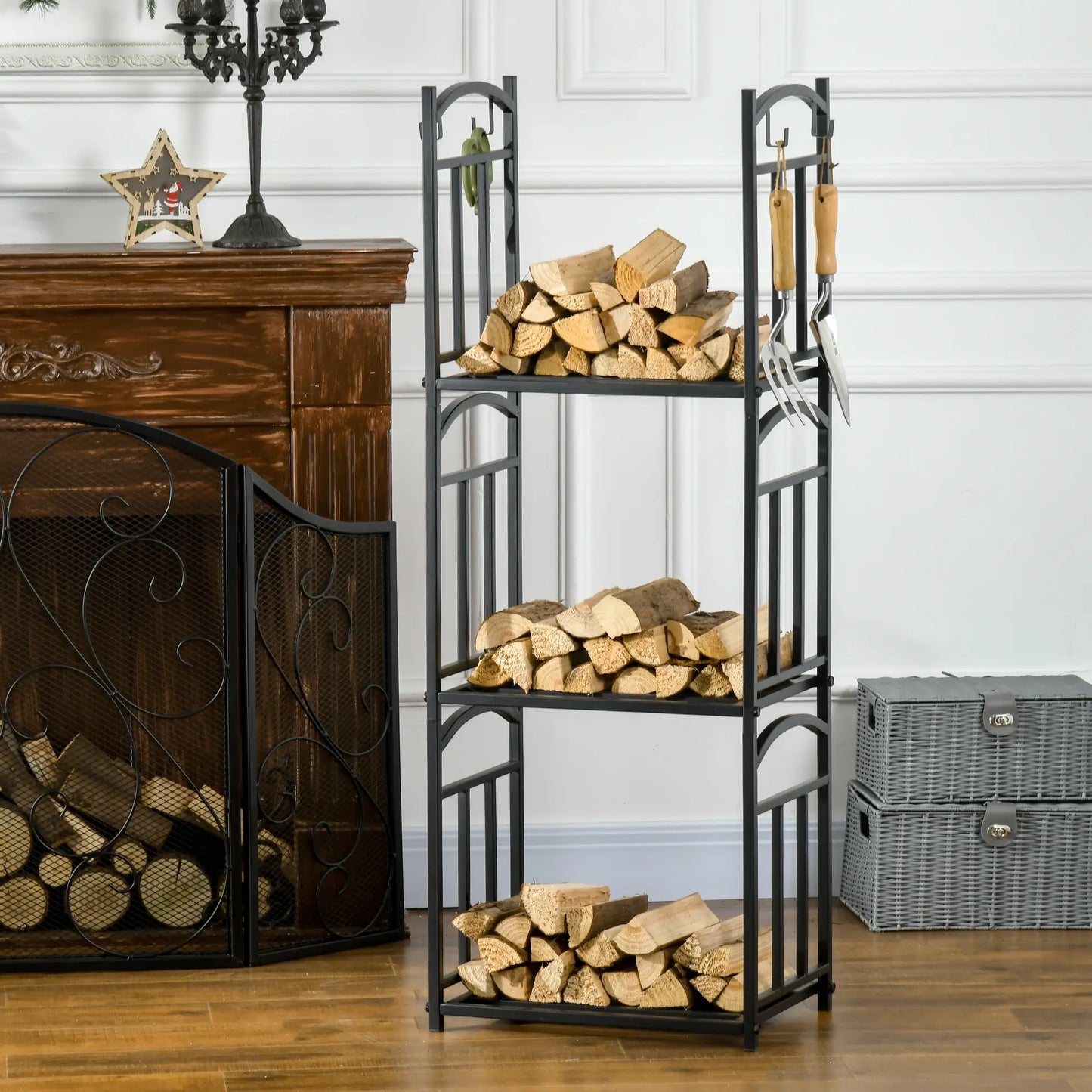 3-Tier Firewood Rack, Heavy Duty Wood Storage, Black Firewood Racks at Gallery Canada