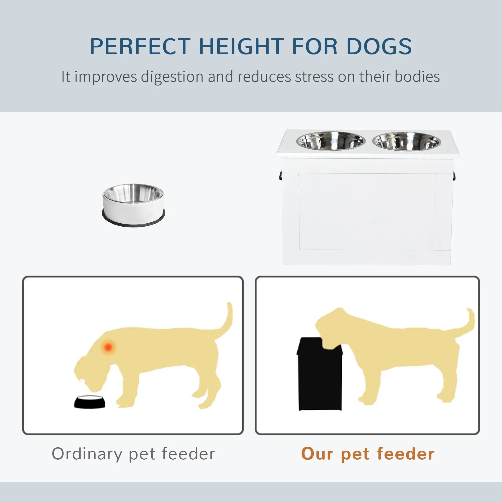 Large Elevated Pet Feeder, 2 Stainless Steel Bowls, White Dog Bowls at Gallery Canada