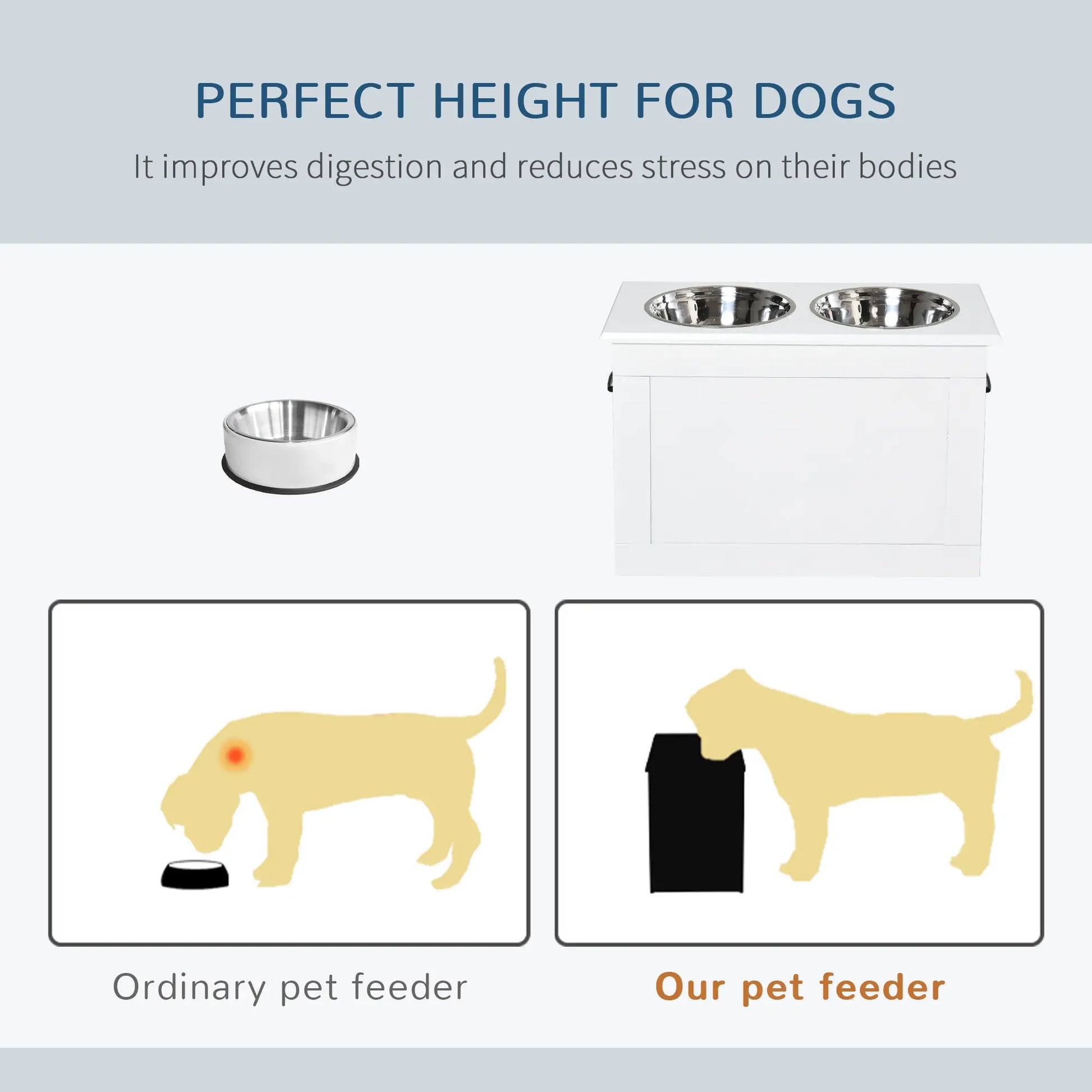 Large Elevated Pet Feeder, 2 Stainless Steel Bowls, White Dog Bowls at Gallery Canada