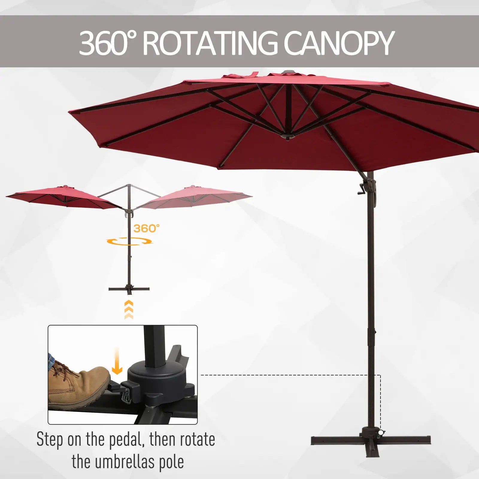 10ft Cantilever Patio Umbrella, 360° Rotation, Crank, Cross Base, Wine Red Offset Cantilever Umbrellas at Gallery Canada
