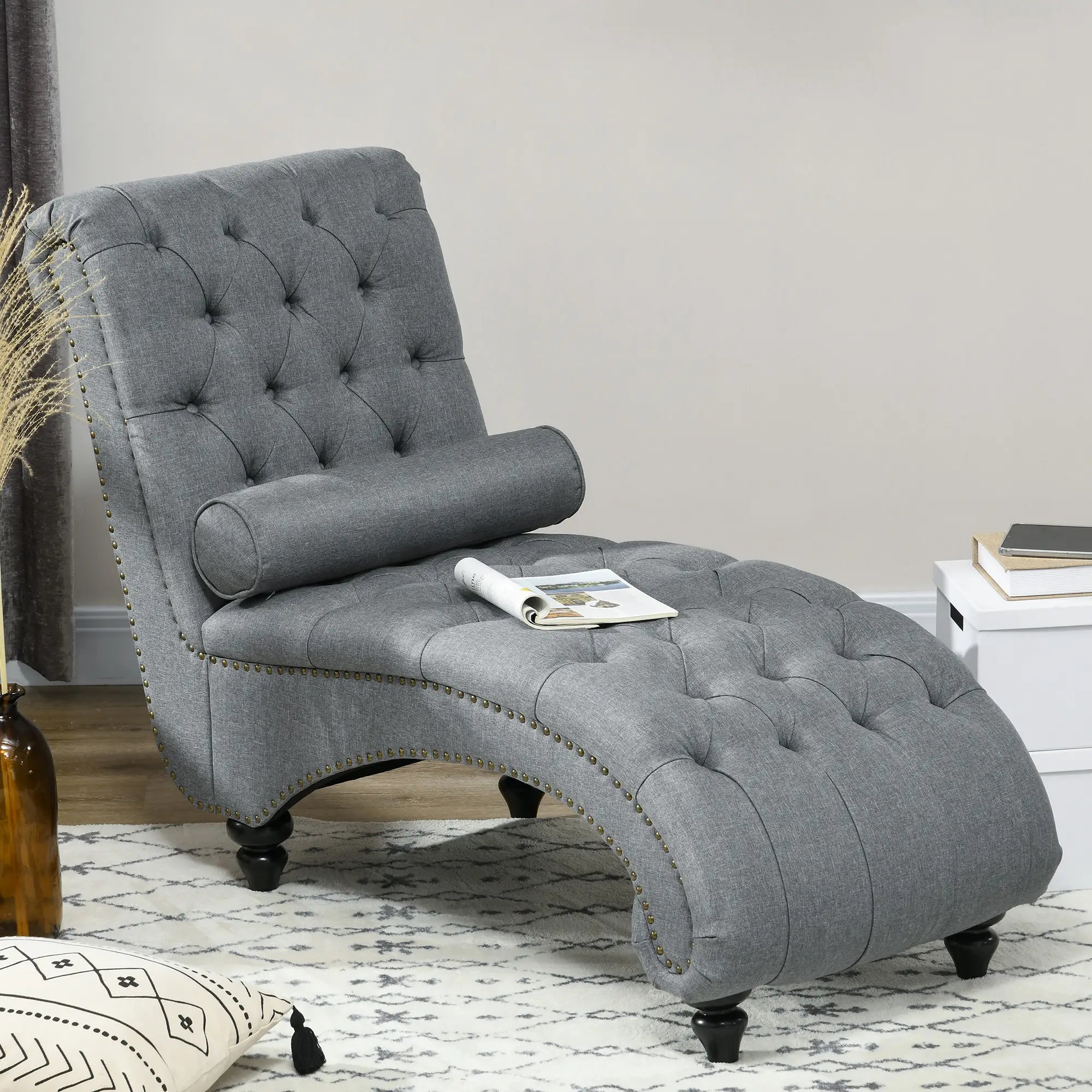 Button Tufted Chaise Lounge Chair, Upholstered with Bolster Pillow, Wood Legs, Nailhead Trim, Grey Single Sofas at Gallery Canada
