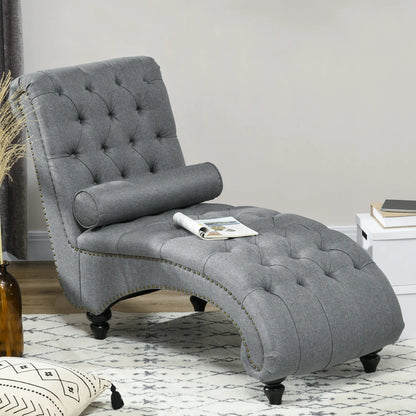 Button Tufted Chaise Lounge Chair, Upholstered with Bolster Pillow, Wood Legs, Nailhead Trim, Grey Single Sofas at Gallery Canada