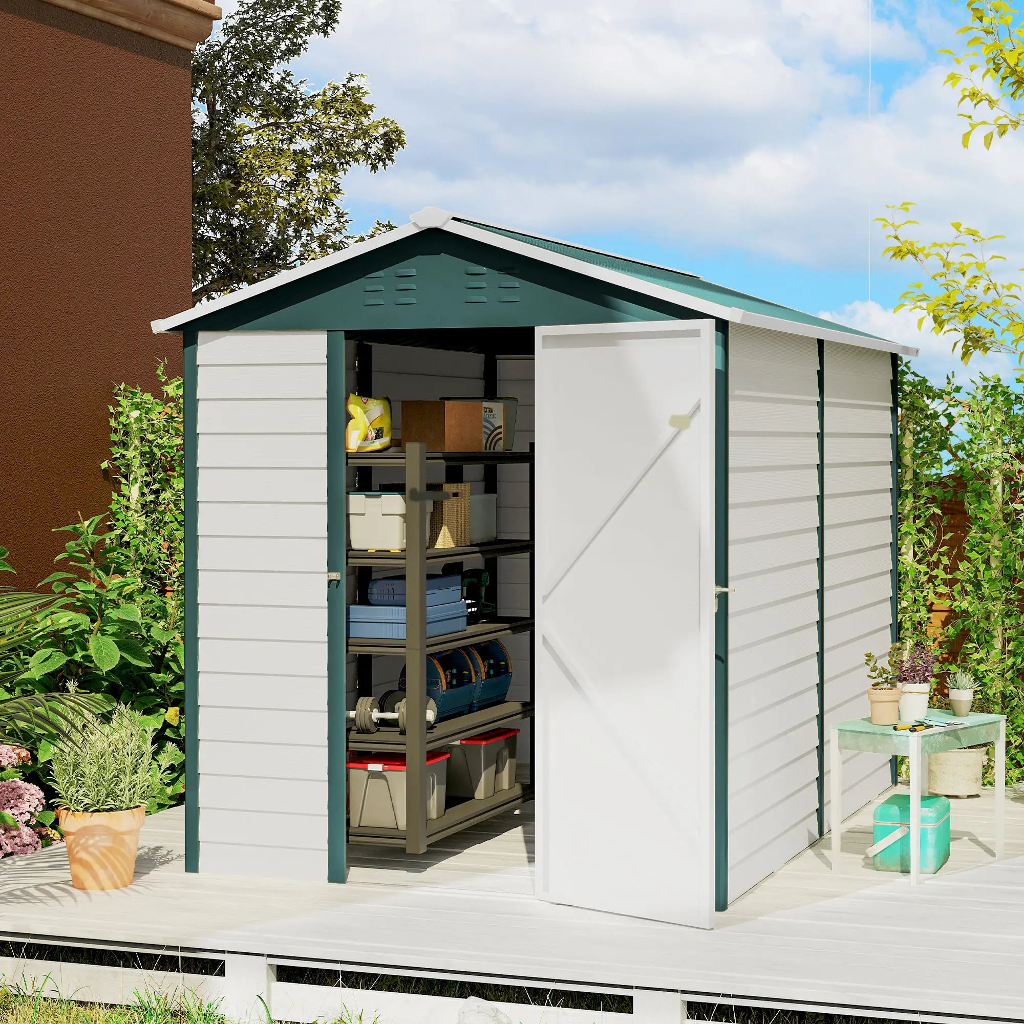 9' x 6' Green Garden Shed, Outdoor Storage With Sloped Roof, Green Sheds at Gallery Canada