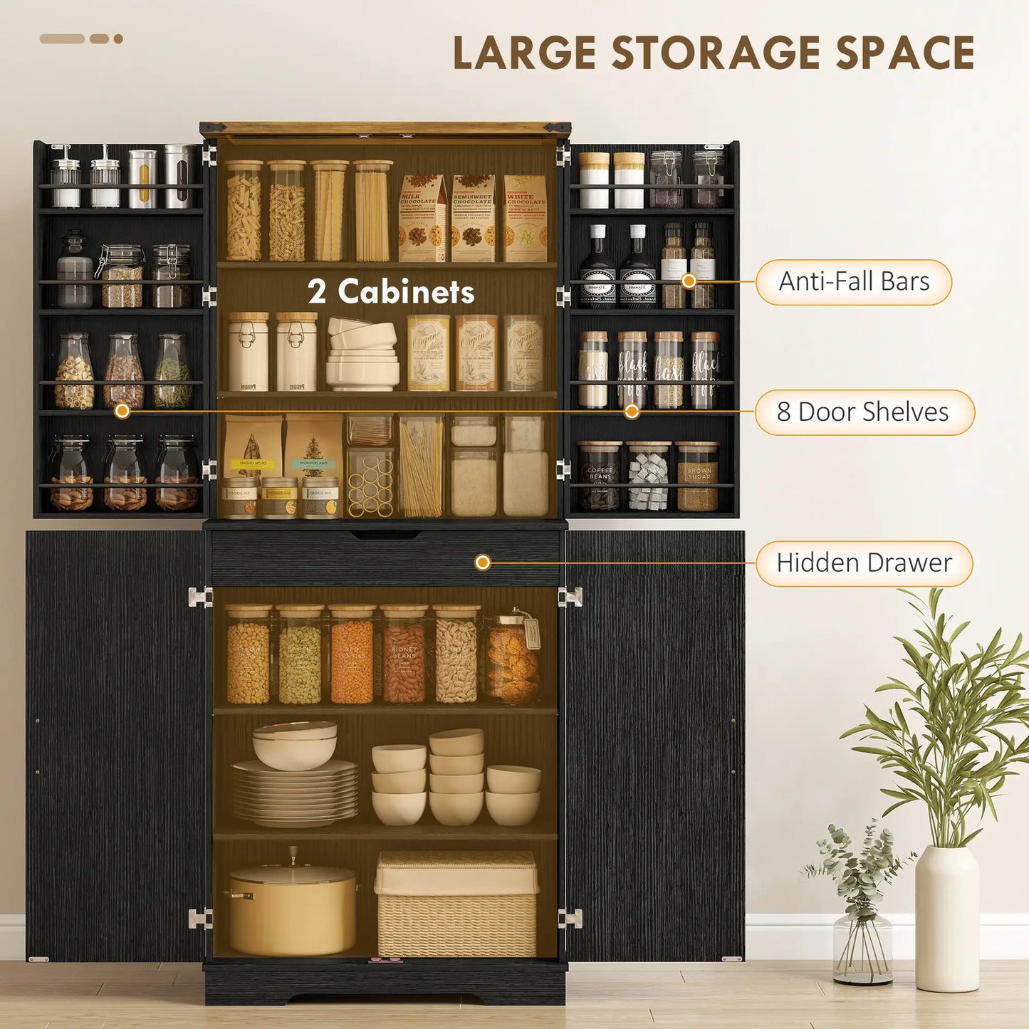 72 Inch Kitchen Pantry Cabinet, 4 Doors, Drawer, Shelves, Black Kitchen Pantry Cabinets at Gallery Canada