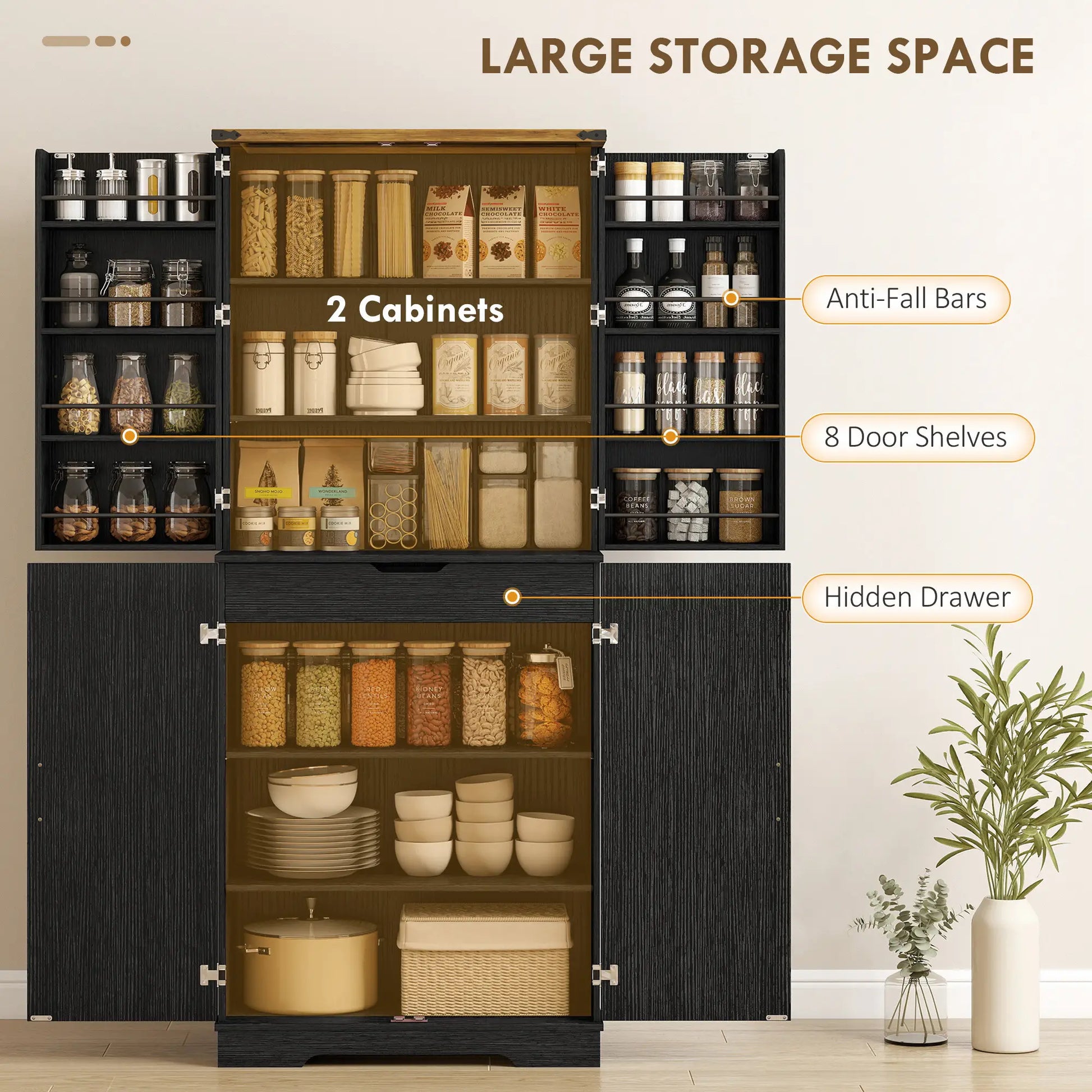 72 Inch Kitchen Pantry Cabinet, 4 Doors, Drawer, Shelves, Black Kitchen Pantry Cabinets at Gallery Canada