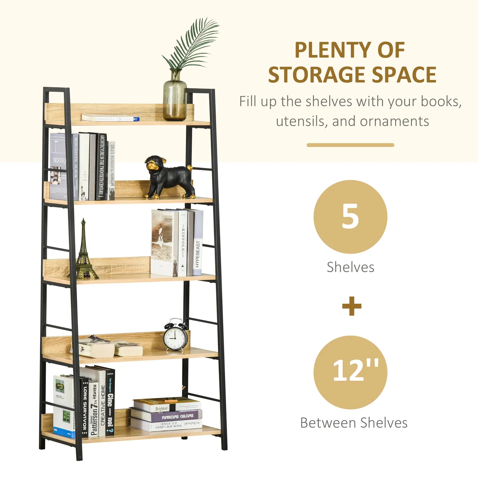 Modern 5-Tier Bookshelf, Metal Frame, Wooden Shelves, Oak Display Bookshelves at Gallery Canada