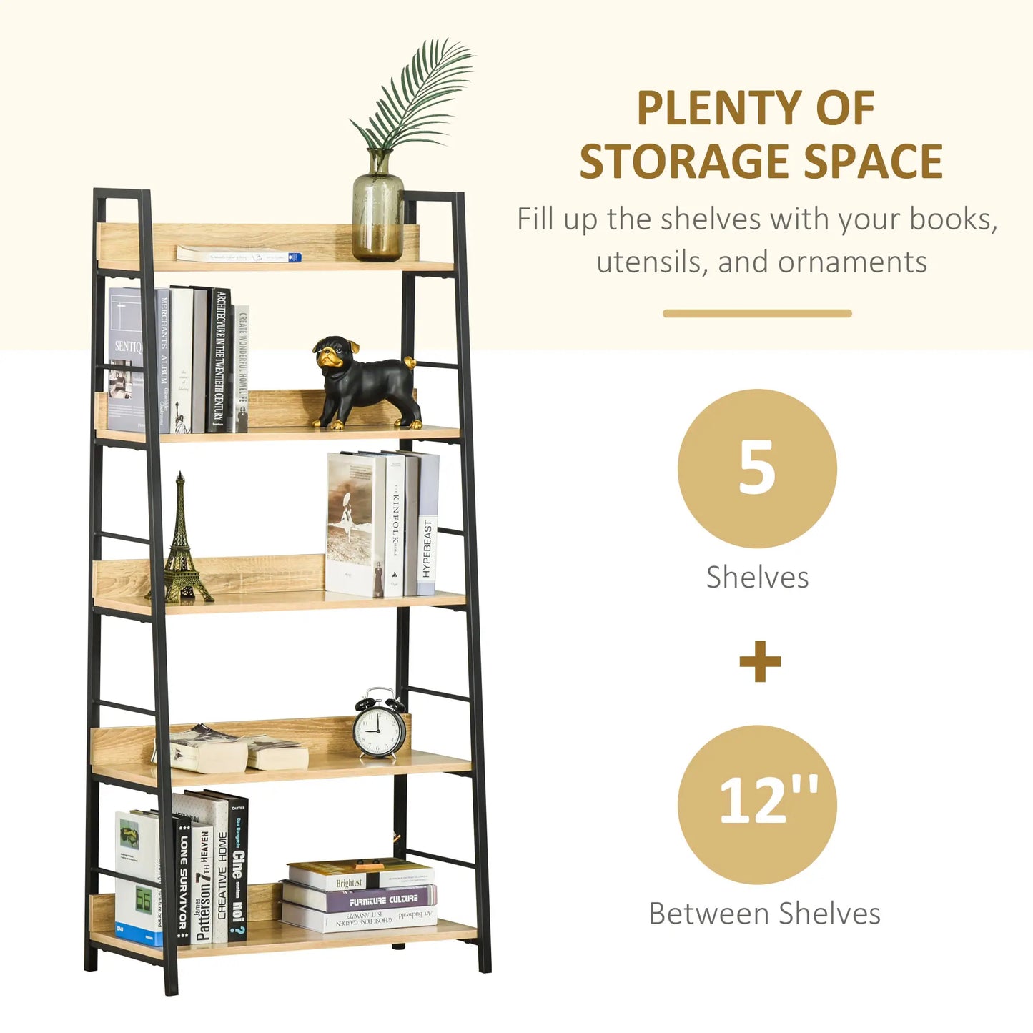 Modern 5-Tier Bookshelf, Metal Frame, Wooden Shelves, Oak Display Bookshelves at Gallery Canada