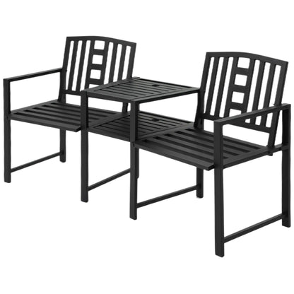 Metal Outdoor Bench, 2-Seater with Middle Table, Umbrella Hole, Black Outdoor Benches Black at Gallery Canada