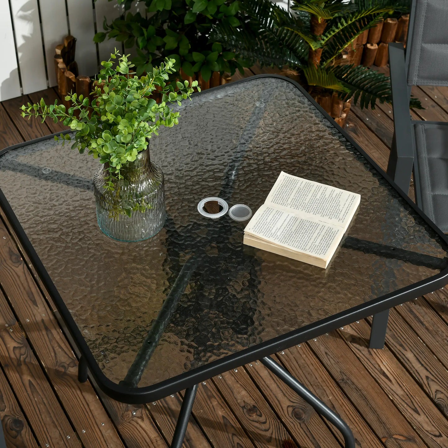 Square Patio Dining Table, Tempered Glass Top, Umbrella Hole, Black Patio Dinning Tables at Gallery Canada