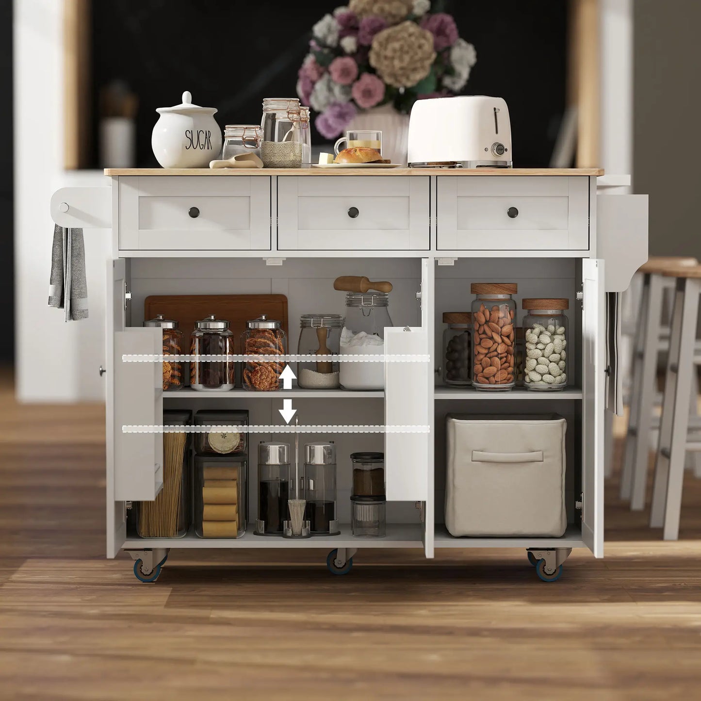 Kitchen Island on Wheels, Drop Leaf, Charging Station, Wood Top, Adjustable Shelf, White Kitchen Islands & Kitchen Carts at Gallery Canada