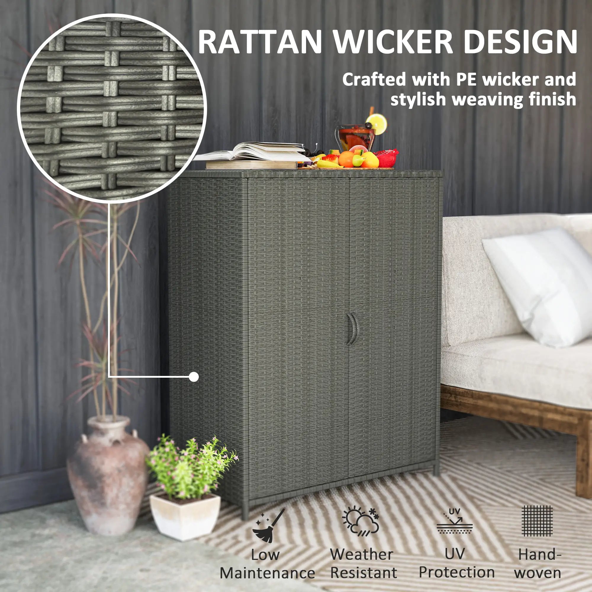 Wicker Outdoor Storage Cabinet, 4 Shelves, 2 Doors, Dark Grey Patio Storage Boxes at Gallery Canada