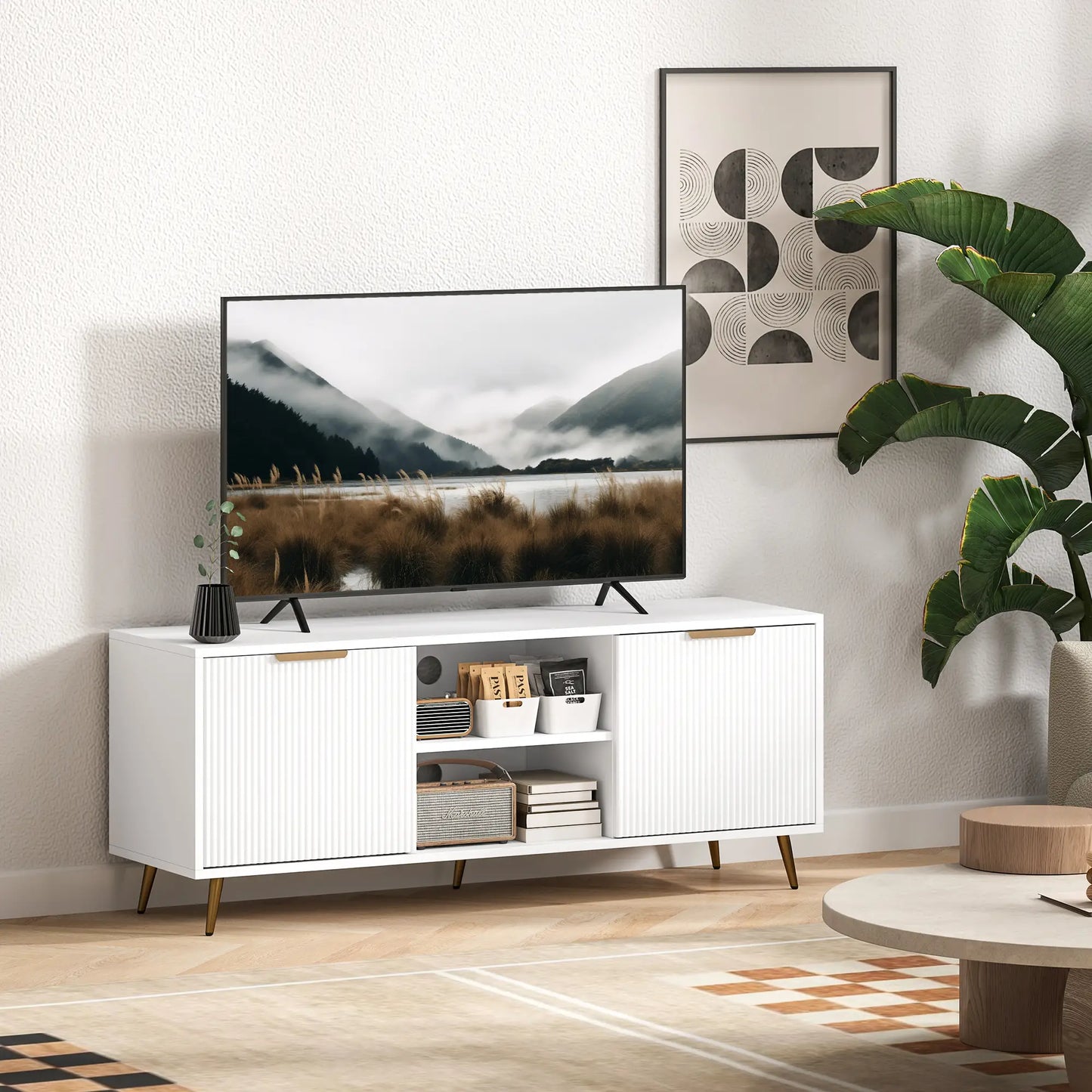 TV Stand for 55 Inch TV, Modern Cabinet with 2 Shelves, 2 Cabinets, White TV Stands at Gallery Canada