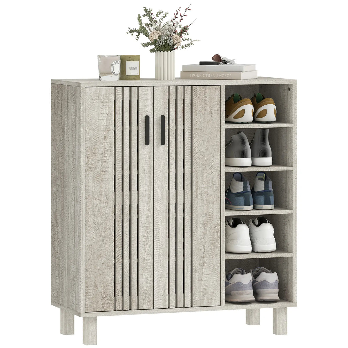 Shoe Storage with Double Doors, Open Shelves, 17 Pair, Light Grey
