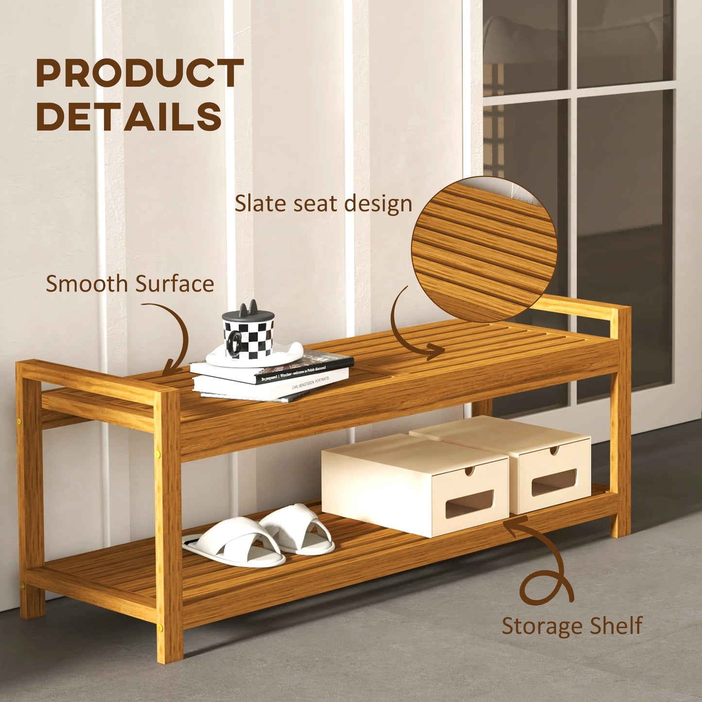 Garden Stool with Storage Shelf, Slatted Seat, Teak