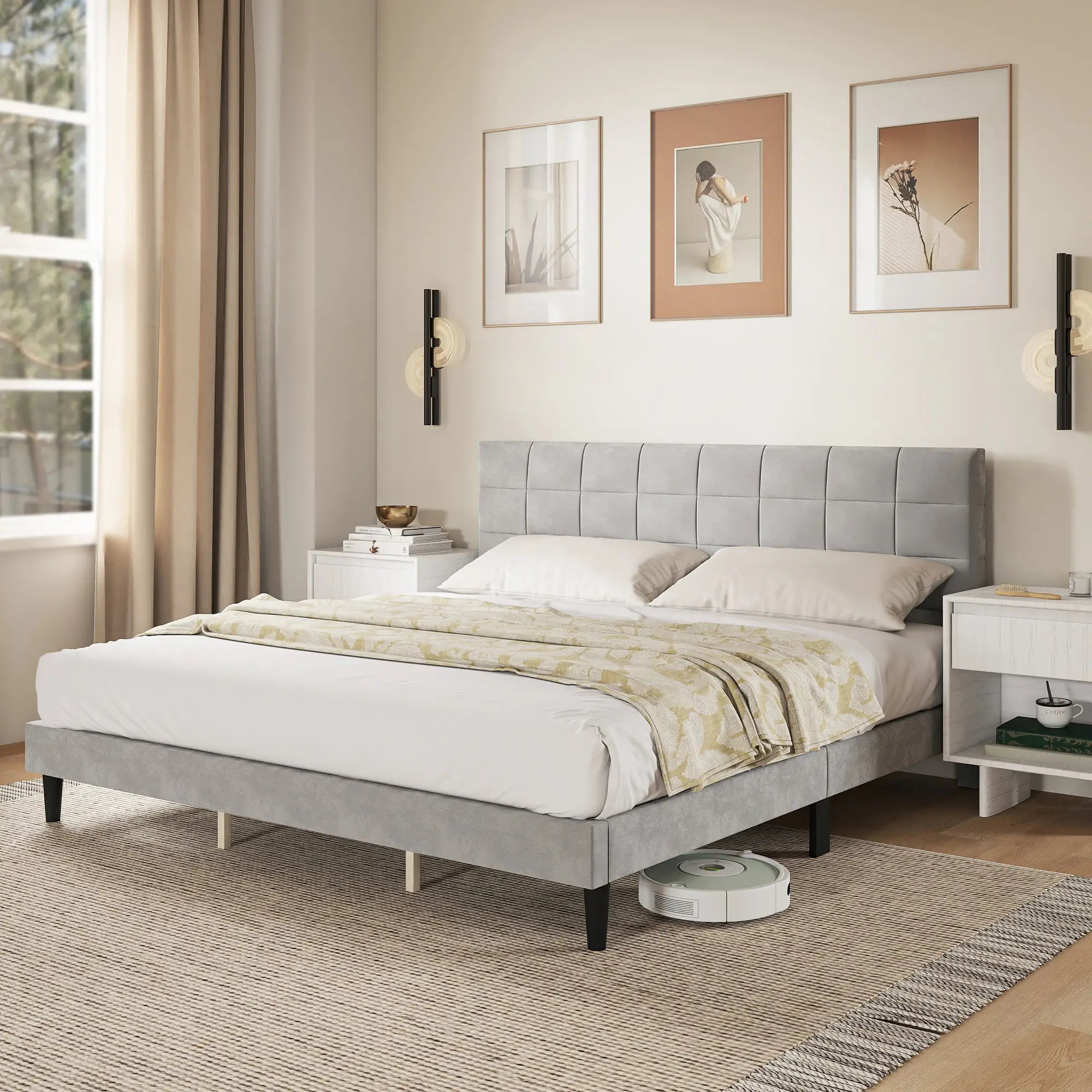 King Size Bed Frame, Upholstered Headboard, Wood Slats, 1100 lbs, Grey Bed Frames at Gallery Canada