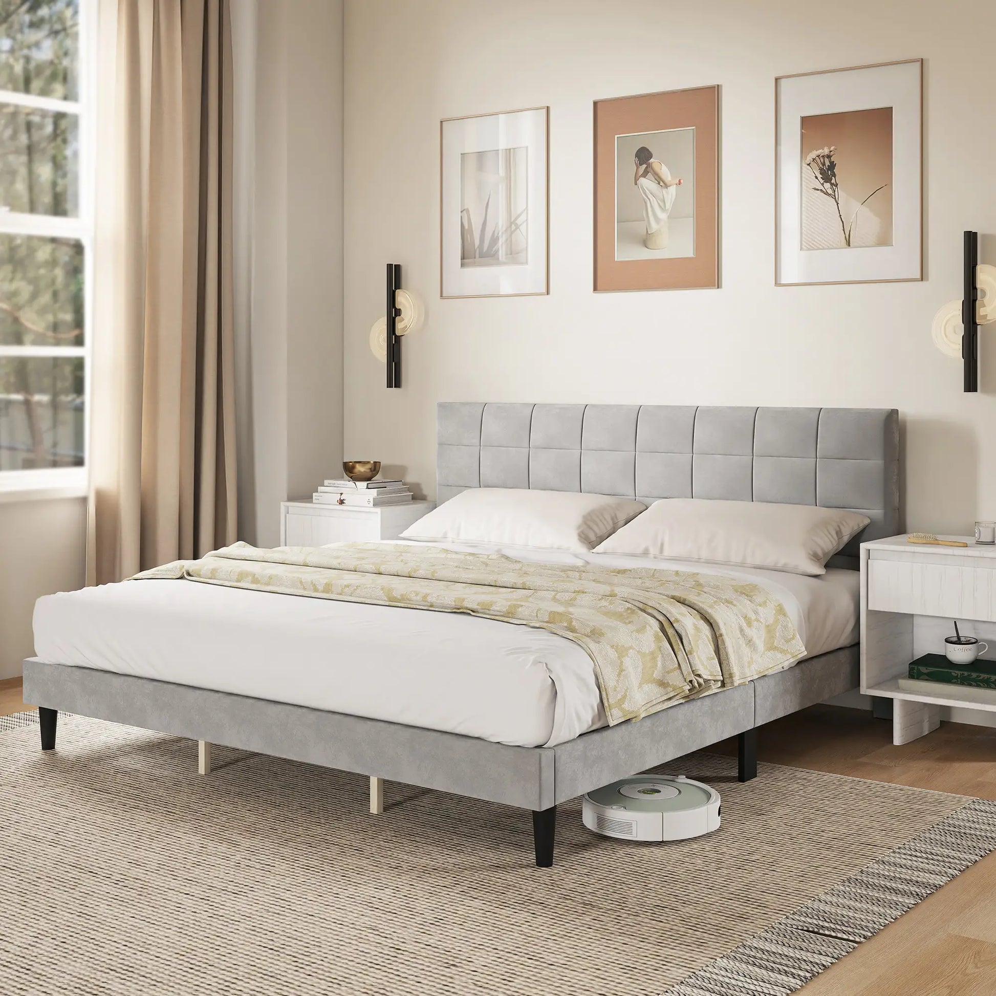 King Size Bed Frame, Upholstered Headboard, Wood Slats, 1100 lbs, Grey Bed Frames at Gallery Canada
