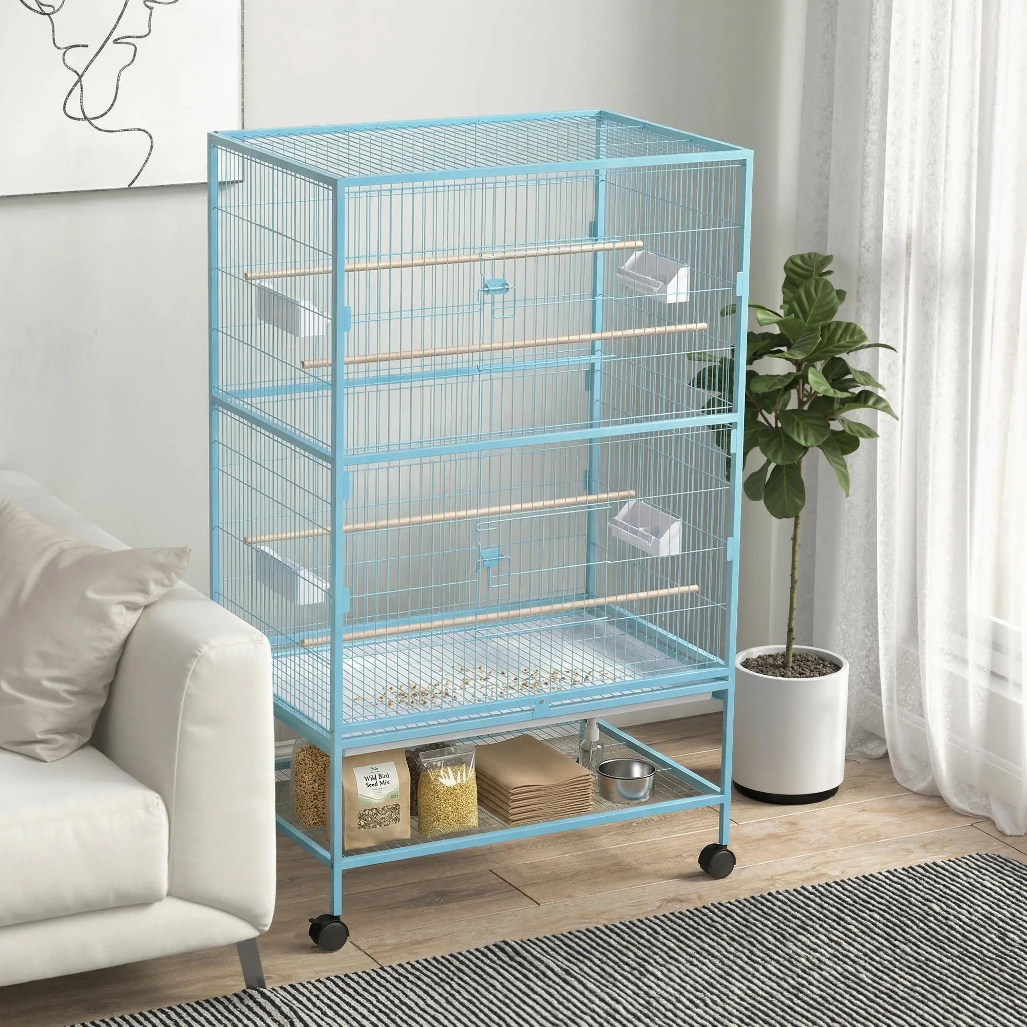 52'' Large Rolling Steel Bird Cage Bird House with Rolling Stand, Storage Shelf, Wood Perch, Food Container, Light Blue Bird Cages at Gallery Canada