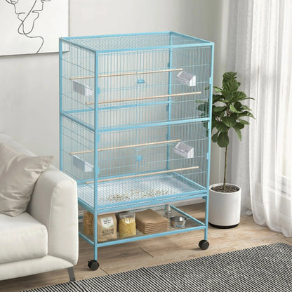 52'' Large Rolling Steel Bird Cage Bird House with Rolling Stand, Storage Shelf, Wood Perch, Food Container, Light Blue Bird Cages at Gallery Canada