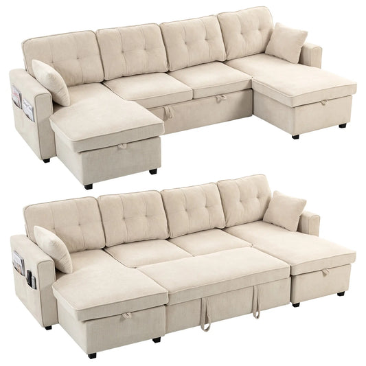U Shaped Sectional Sofa Bed, 113" Pull Out Sleeper, Beige 3-Seater Sofas Beige at Gallery Canada