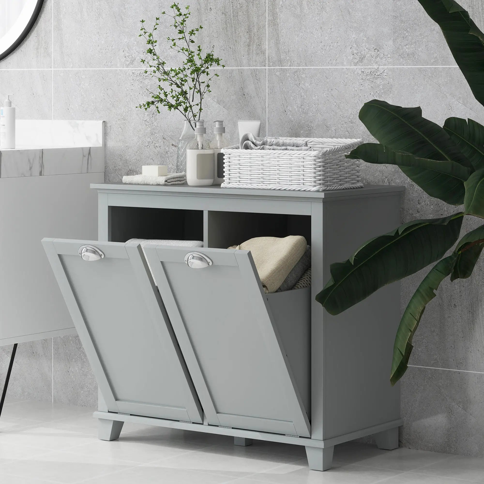 Tilt-Out Laundry Cabinet, Bathroom Organizer, Two-Compartment Hamper, Grey Bathroom Cabinets at Gallery Canada