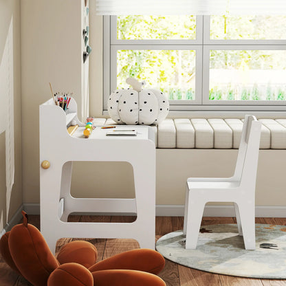 Kids Study Table and Chair Set, Art Desk with Storage Shelf, 3-8 Year Old