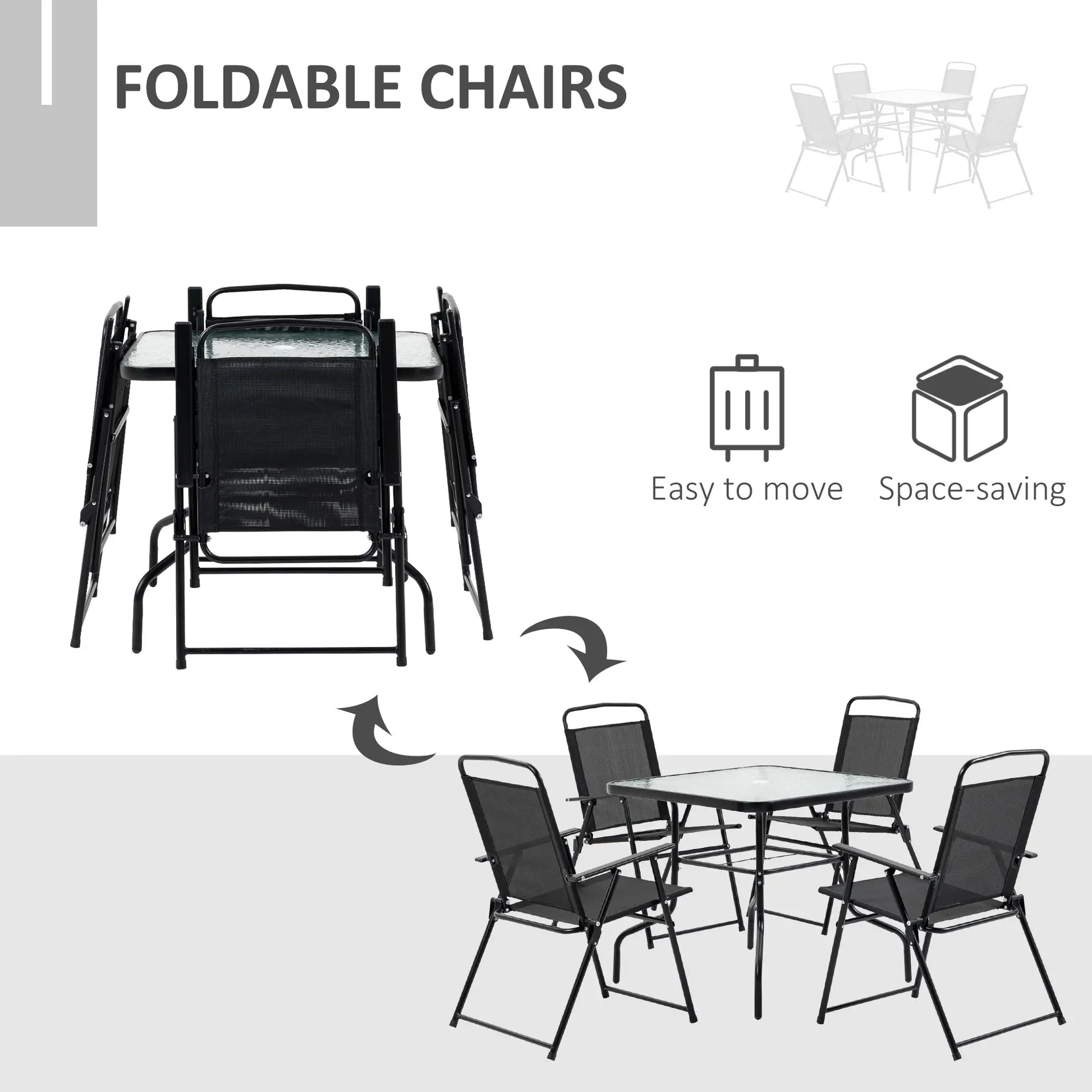 5-Piece Patio Dining Set, 4 Folding Chairs, Glass Tabletop, Black Outdoor Dining Sets at Gallery Canada