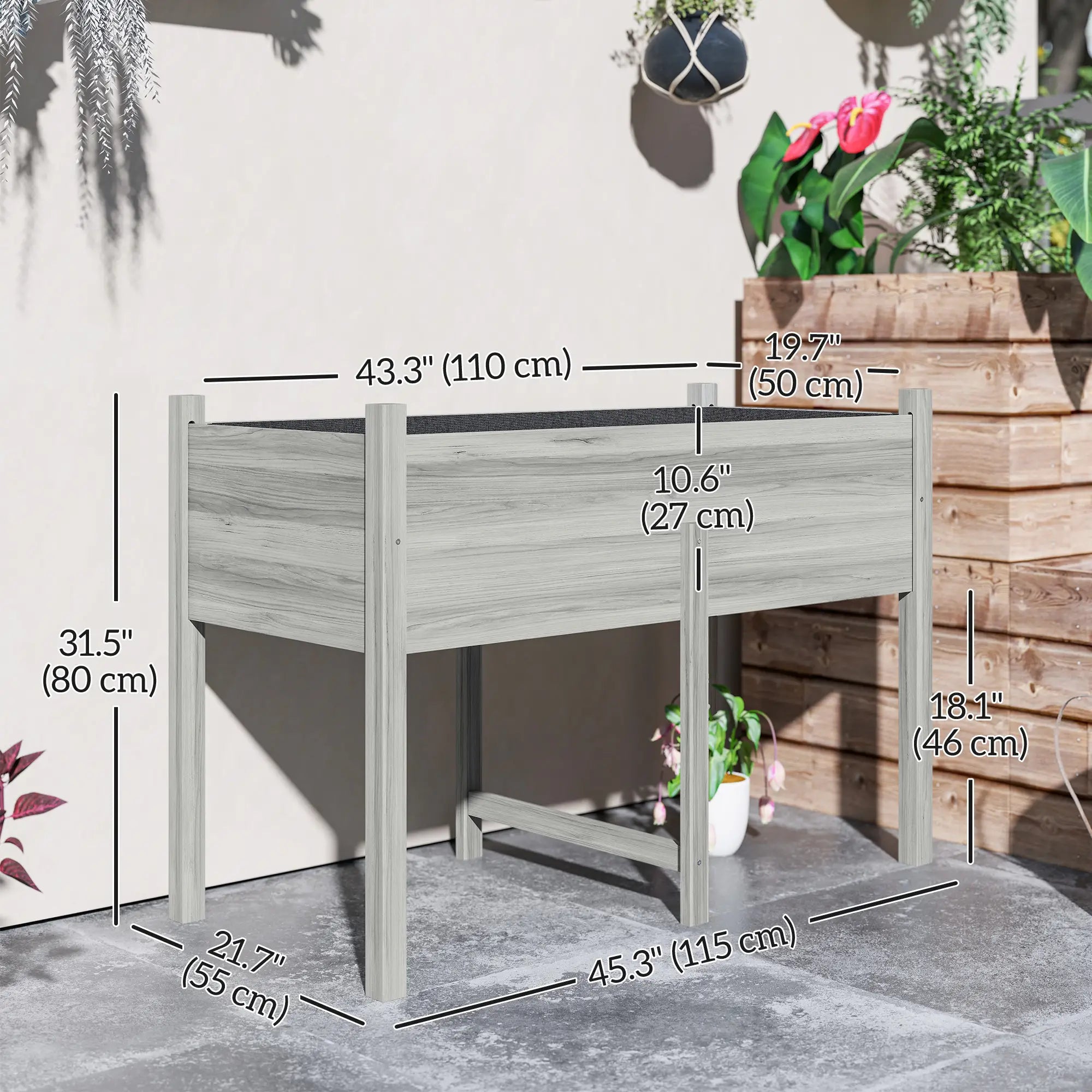 Wooden Raised Planter Box, Drain Holes, 45.3x21.7x31.5inch, Grey Raised Garden Beds at Gallery Canada