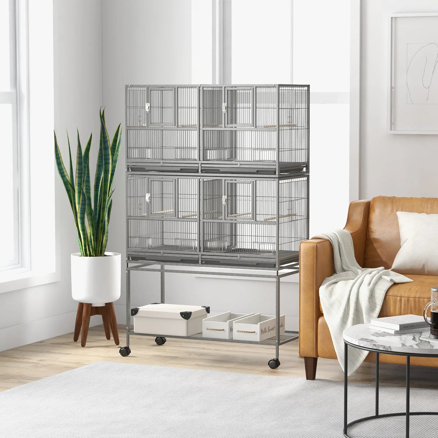 61"H Divided Breeder Bird Cage, Rolling Stand, Removable Tray, Dark Grey Bird Cages at Gallery Canada