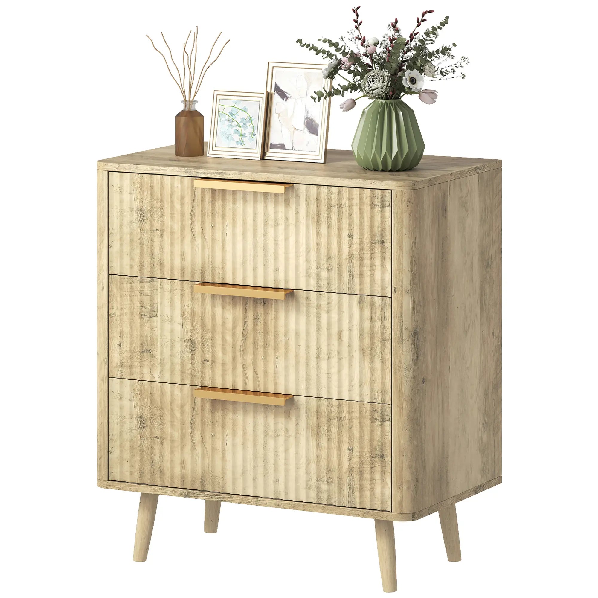 Fluted Chest of Drawers, Modern 3 Drawer Dresser with Pine Wood Legs, Oak Storage Cabinets Oak at Gallery Canada