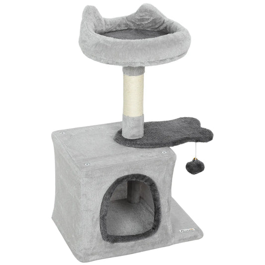 28" Cat Tree Tower with Plush Bed, Condo, Sisal Post, Perch, Ball, Light Grey